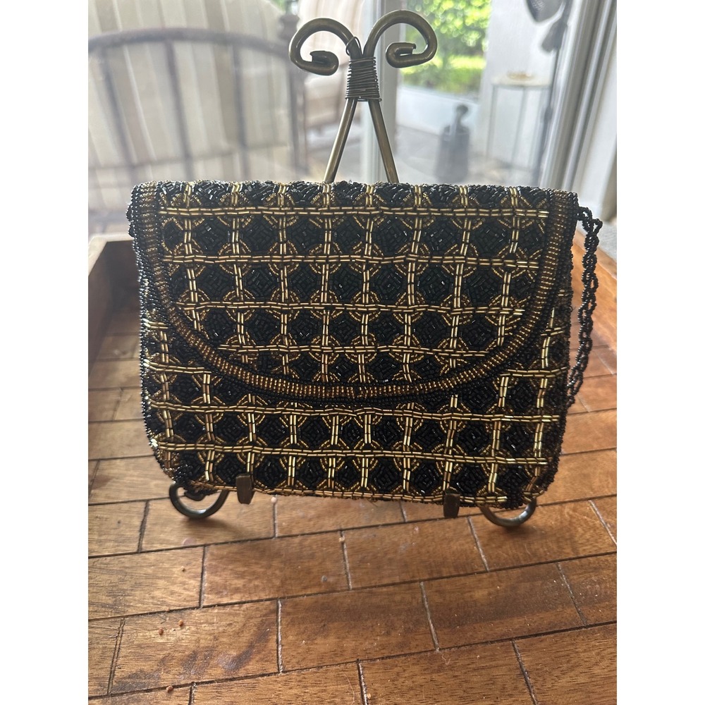 Vintage Beaded Evening Clutch Bag Black Gold Geometric Crossbody Formal PurseGUC